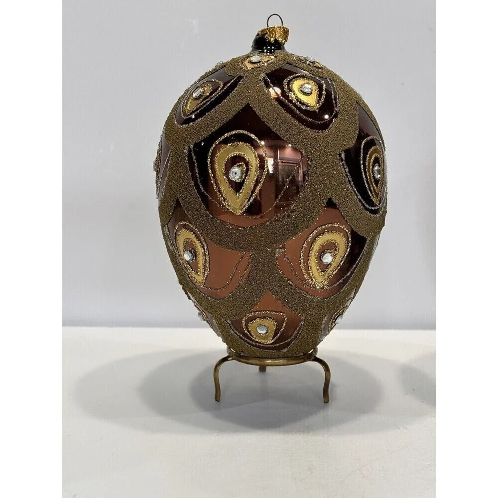 Vintage Hand Blown & Painted Glass Egg Christmas Ornament Diamond Glitter Set 2